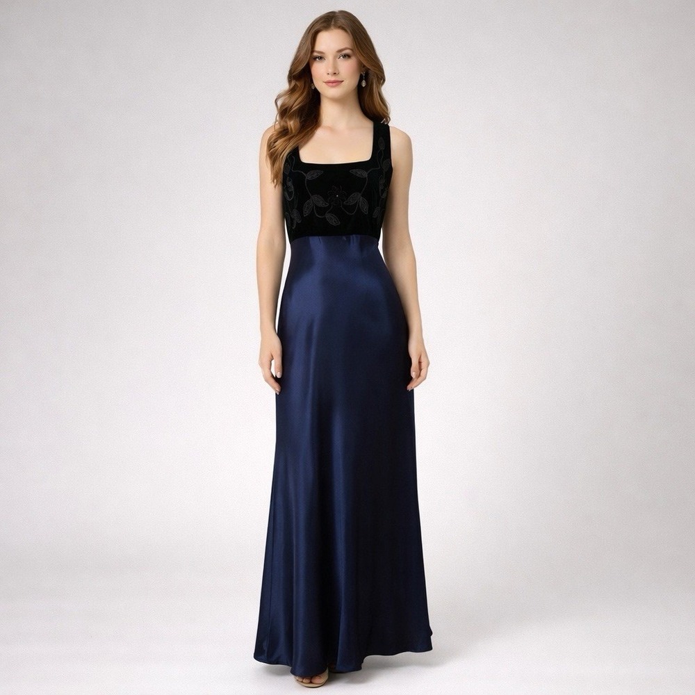 Vtg 90s Gown Women 9 Blue Satin‎ Velvet Floral Empire Prom Goth Vamp Whimsigoth